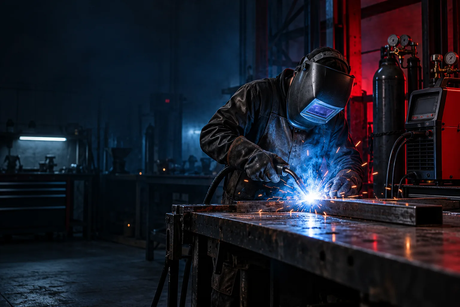 Welder at work with a blue welding arc — illustrative workshop image